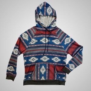 Brooklyn Cloth Hoodie Mens Large Blue Red Aztec Southwestern Pullover Sweatshirt